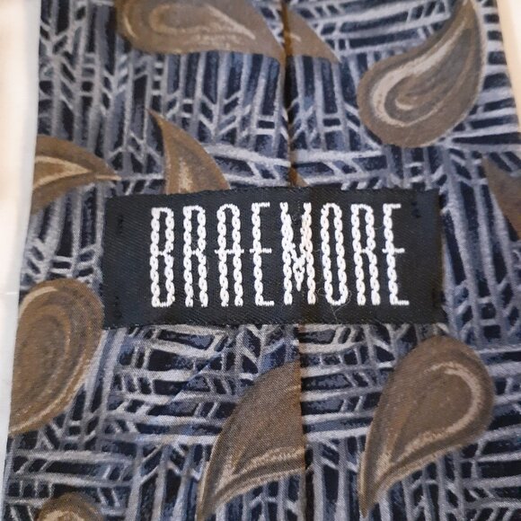 Braemore Men's Vintage Silk Tie, Blue/Brown - Picture 3 of 4